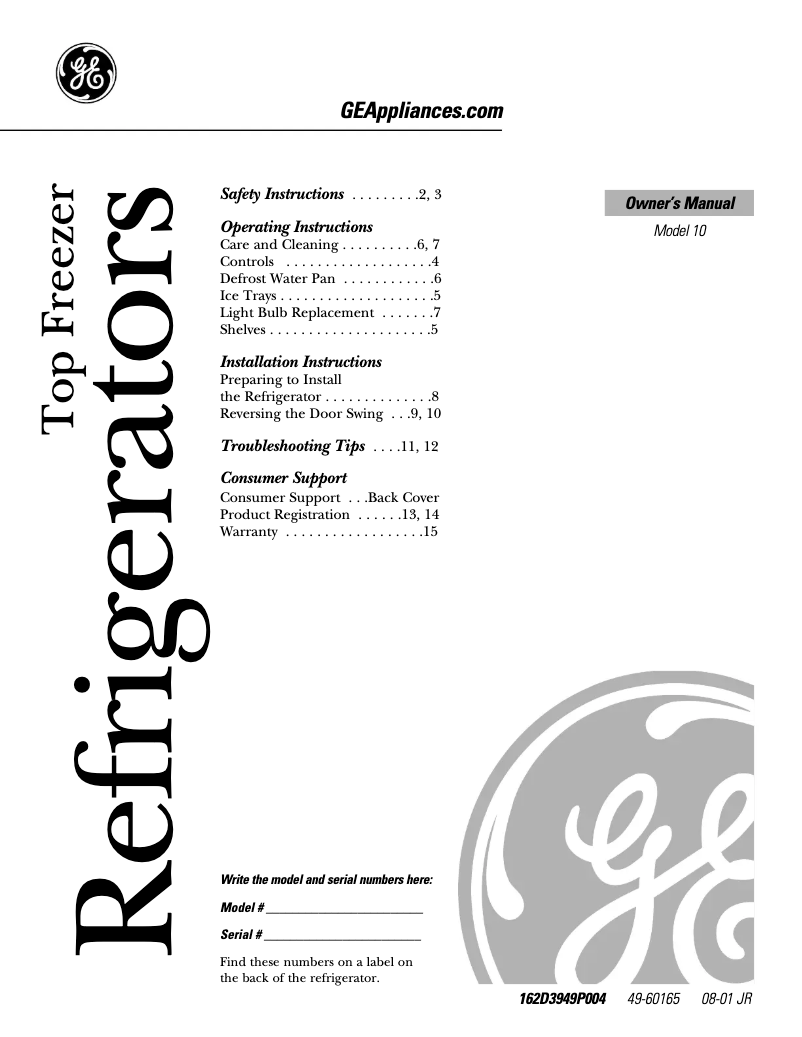 Page 1 de la notice Manuel d'utilisation et d'entretien GE GTS10AAMRWW