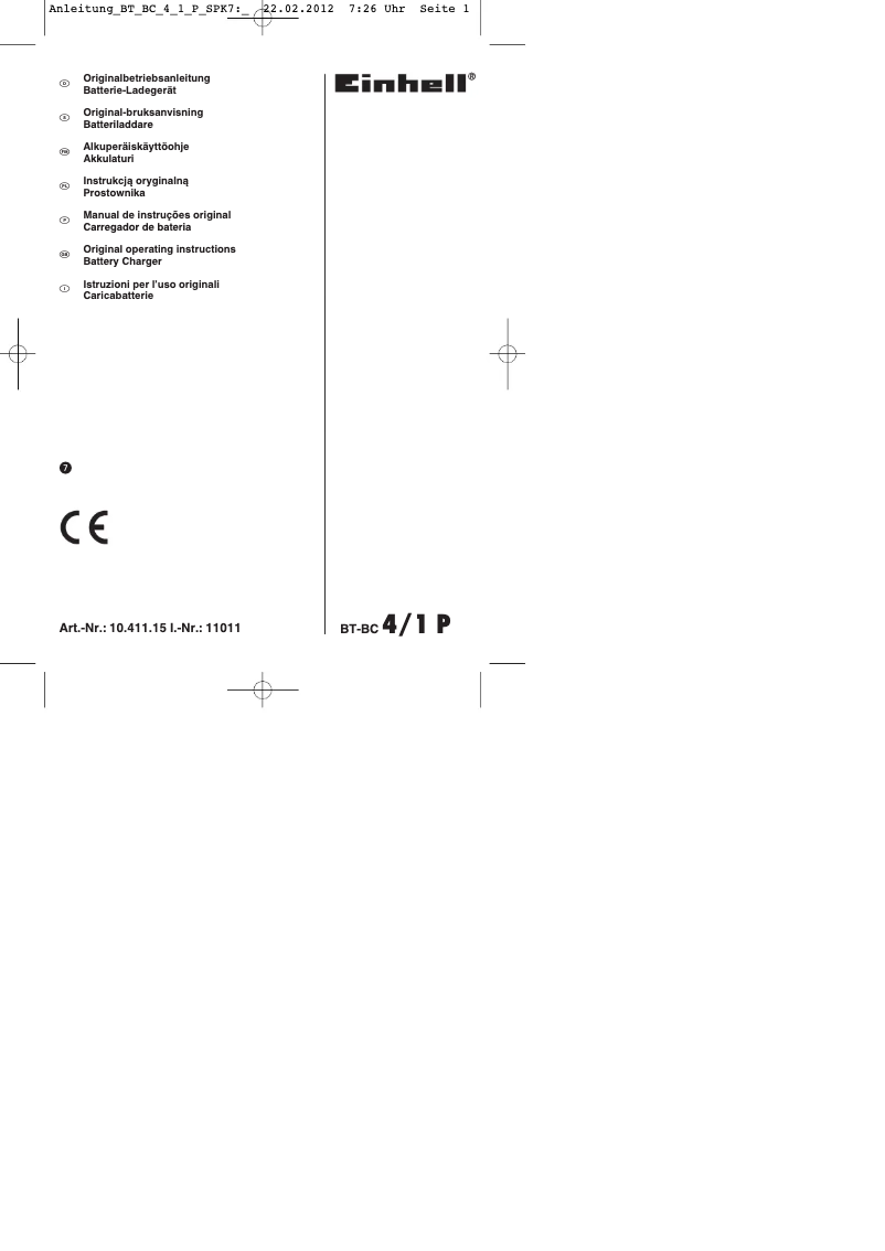 Page n°1 - Mode d'emploi Einhell BT-BC 4/1 P