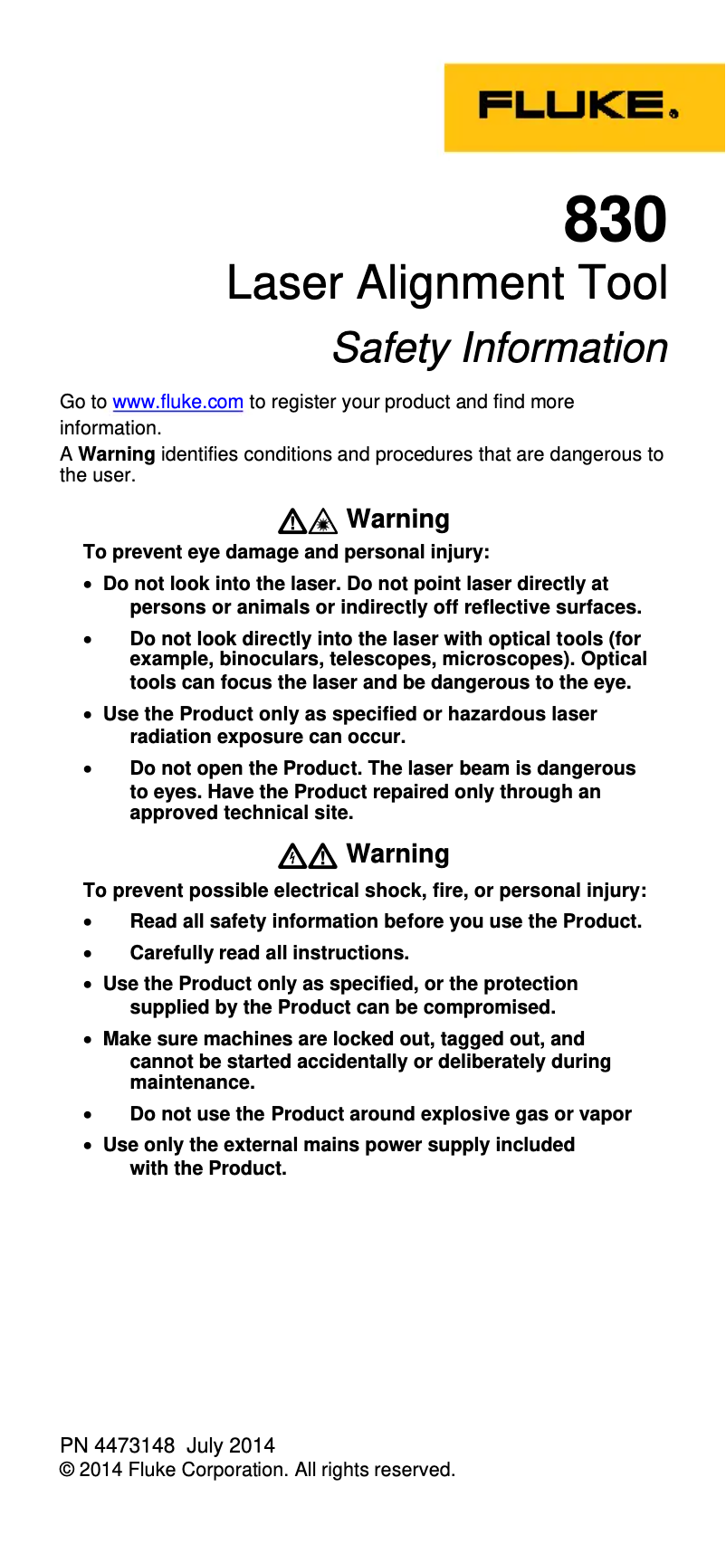 Page 1 de la notice Instructions de sécurité Fluke 830