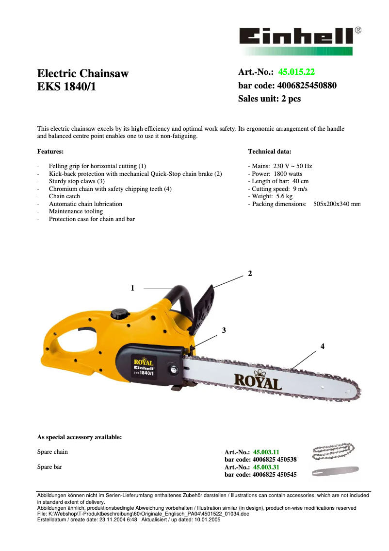 Page n°1 - Fiche technique Einhell Royal EKS 1840/1