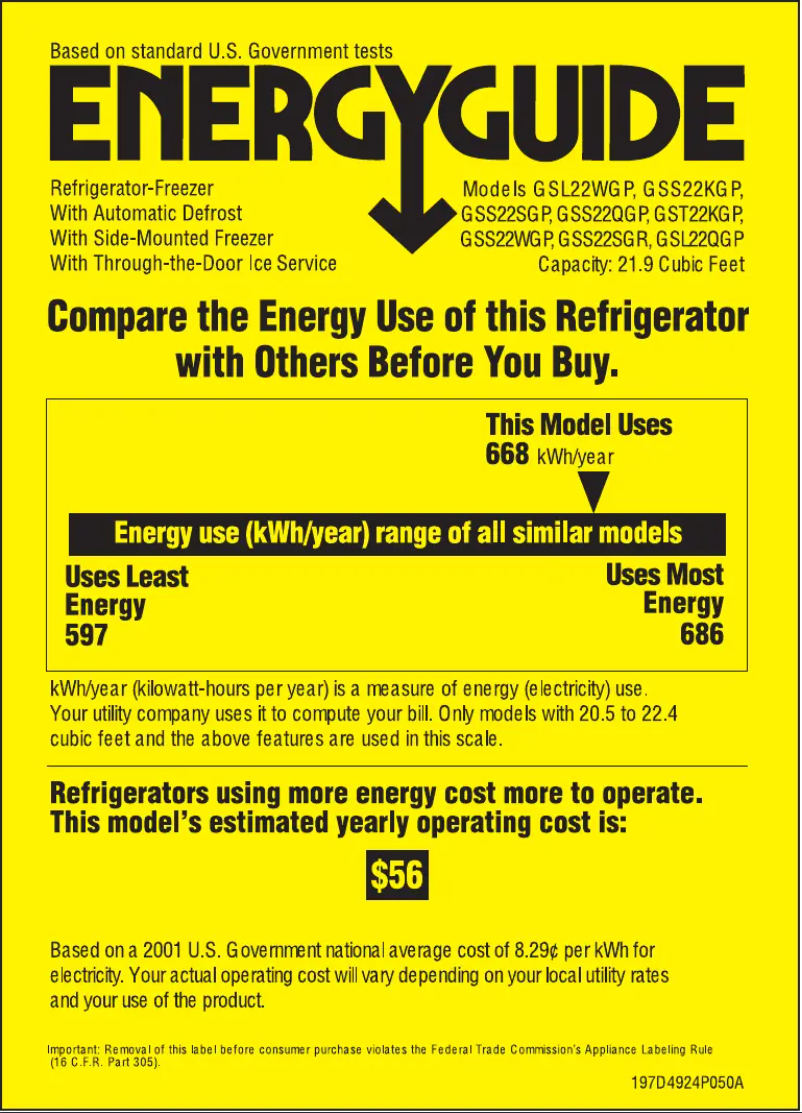 Page 1 de la notice Label énergétique GE GSS22WGPWW