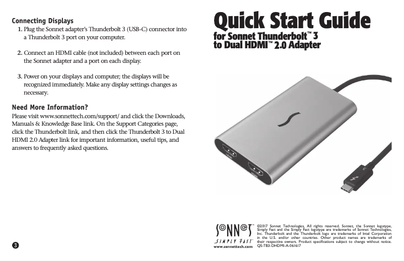 Página 1 del manual Manual de usuario Sonnet Thunderbolt 3 to Dual HDMI 2.0 Adapter