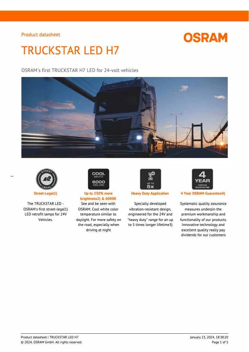 Page n°1 - Fiche technique Osram TRUCKSTAR LED H7-LED