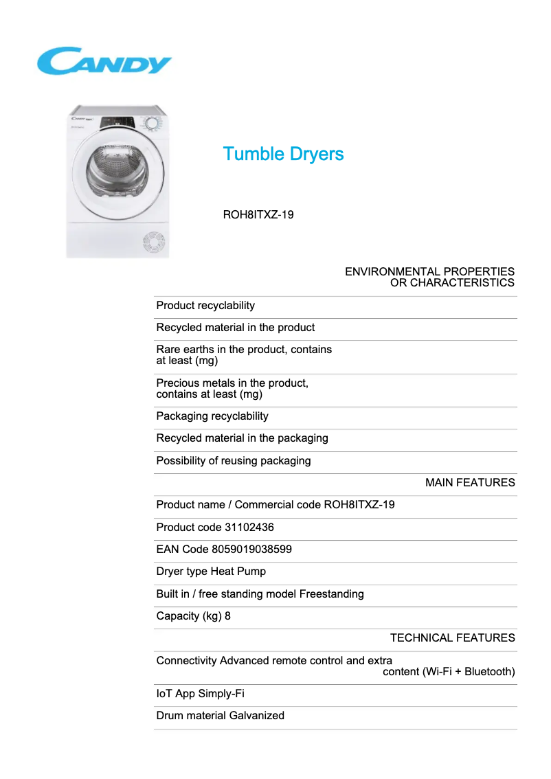 Page 1 de la notice Fiche technique Candy ROH8ITXZ-19