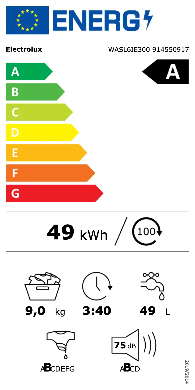 Page n°1 - Label énergétique Electrolux WASL6IE300
