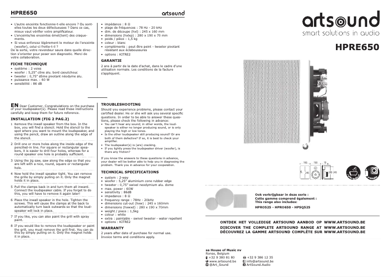Page 1 de la notice Manuel utilisateur Artsound HPRE650