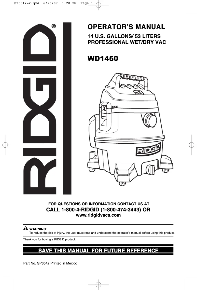 Page 1 de la notice Manuel utilisateur Ridgid WD1450
