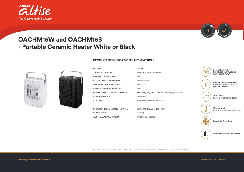 Page 1 de la notice Fiche technique Omega Altise OACHM15W