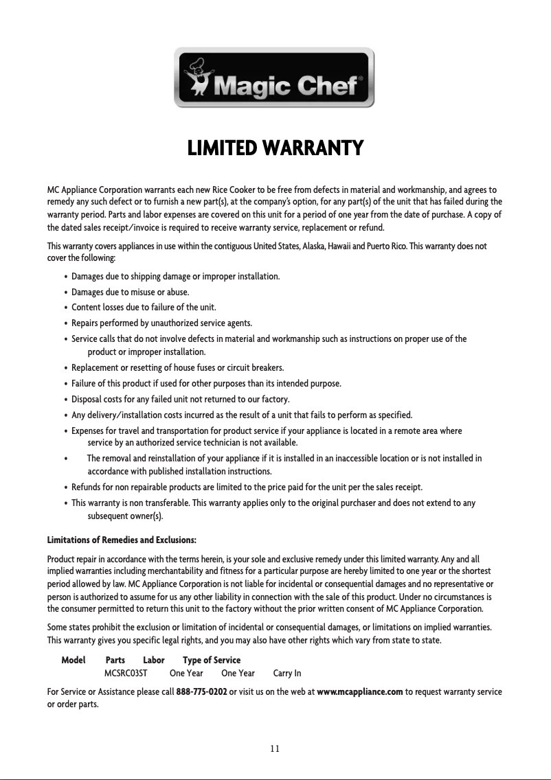 Page 1 de la notice Informations de garantie Magic Chef MCSRC03ST