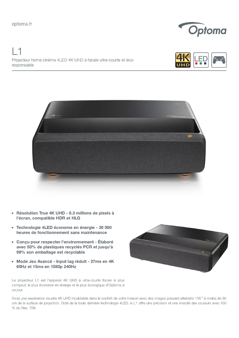 Page 1 de la notice Fiche technique Optoma L1