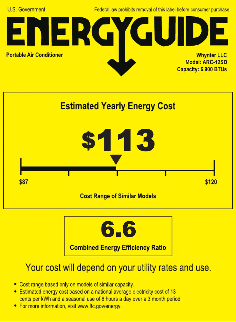 Page 1 de la notice Label énergétique Whynter ARC-12SD