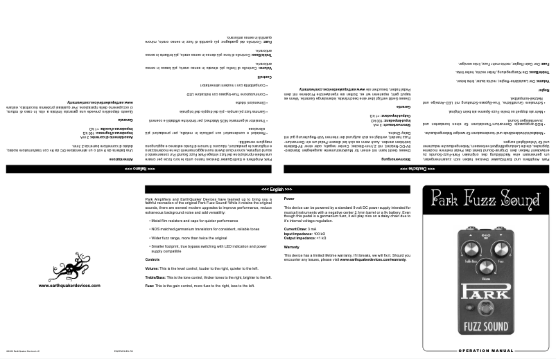Page 1 de la notice Manuel utilisateur EarthQuaker Devices Park Fuzz Sound