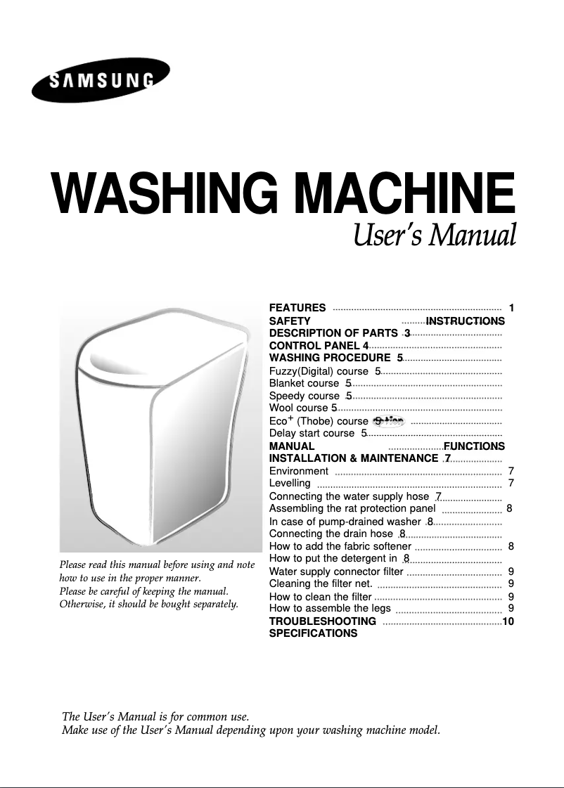 Page 1 de la notice Manuel utilisateur Samsung WA11K2SIV