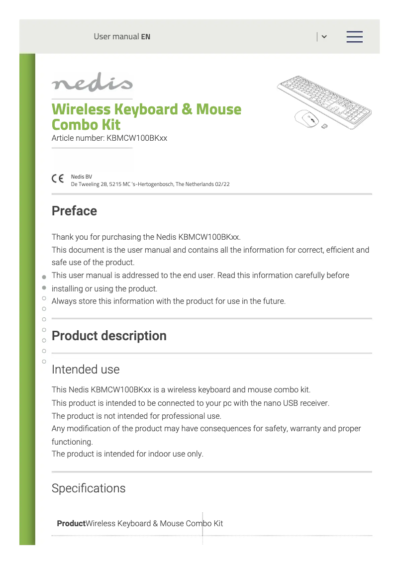 Page 1 de la notice Mode d'emploi Nedis KBMCW100BKIT