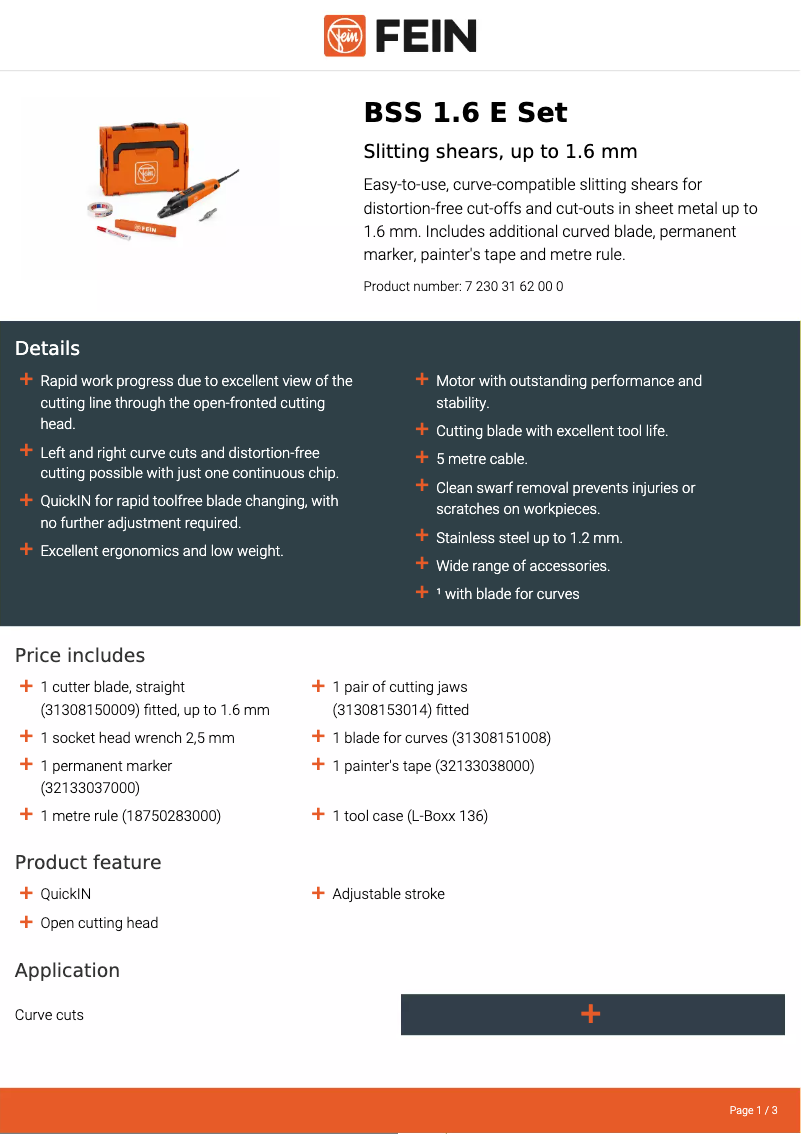 Page 1 de la notice Fiche technique Fein BSS 1.6 E