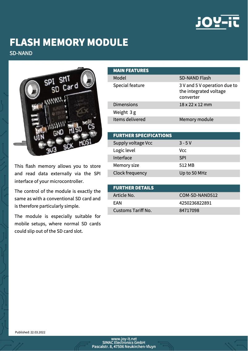 Página 1 del manual Ficha técnica Joy-It COM-SD-NAND512