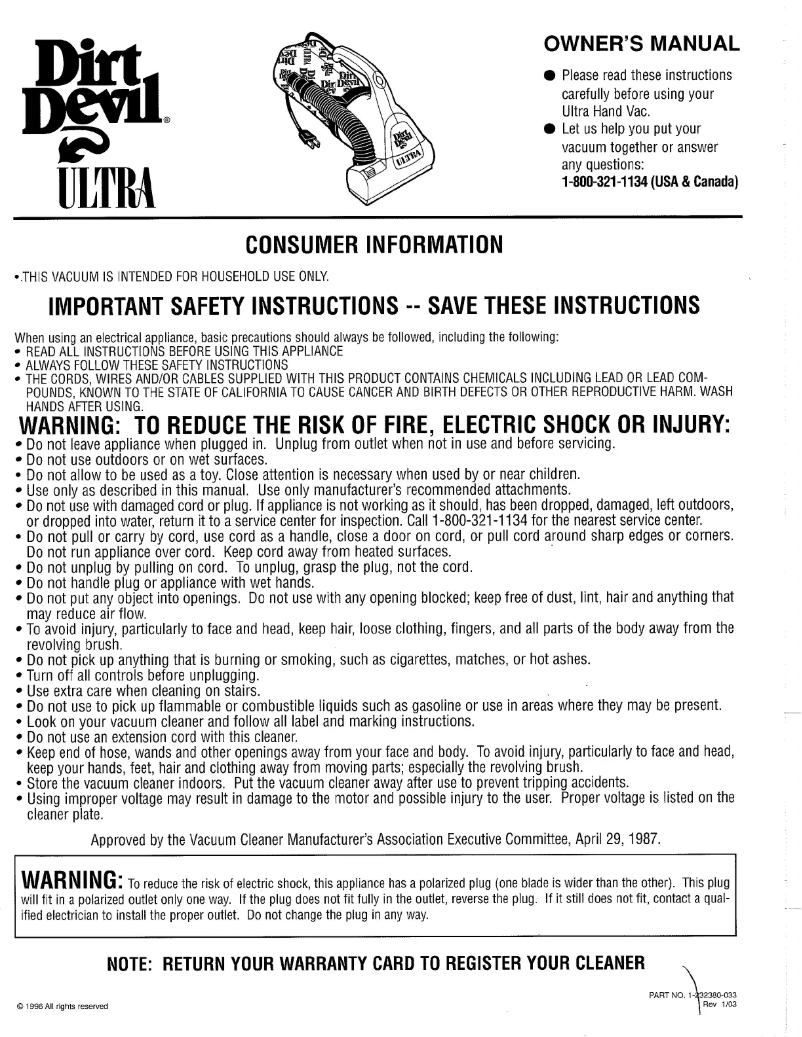 Page 1 de la notice Manuel utilisateur Dirt Devil M08230RED