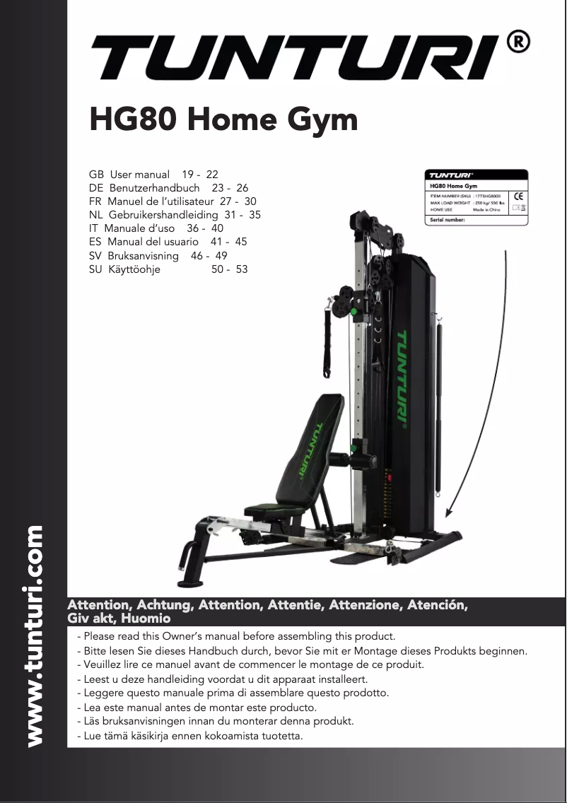 Page 1 de la notice Manuel utilisateur Tunturi Home Gym HG80