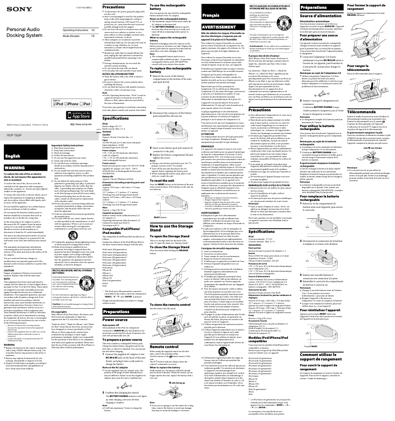 Page 1 de la notice Manuel utilisateur Sony RDP-T50iP