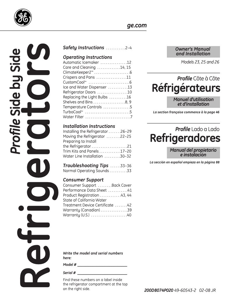 Page 1 de la notice Manuel d'utilisation et d'entretien GE GSHF5MGXBB
