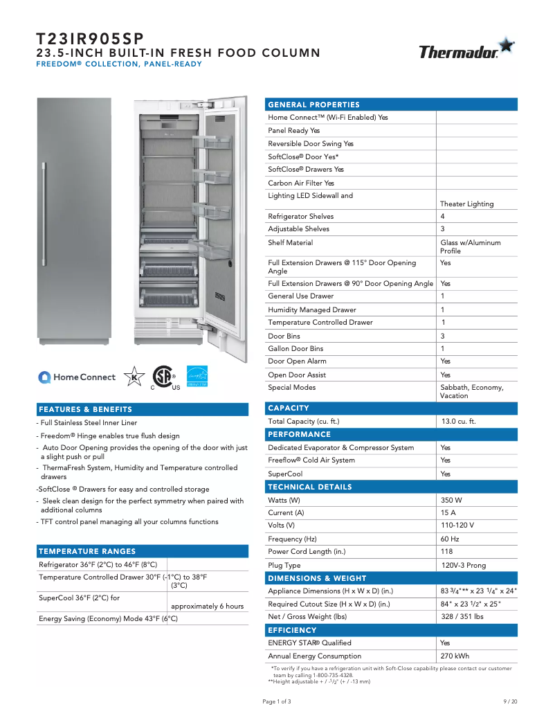 Page 1 de la notice Fiche technique Thermador T23IR905SP