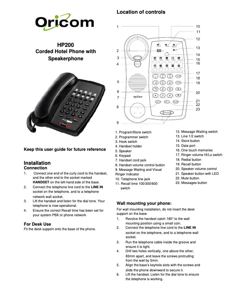 Page n°1 - Manuel utilisateur Oricom HP200