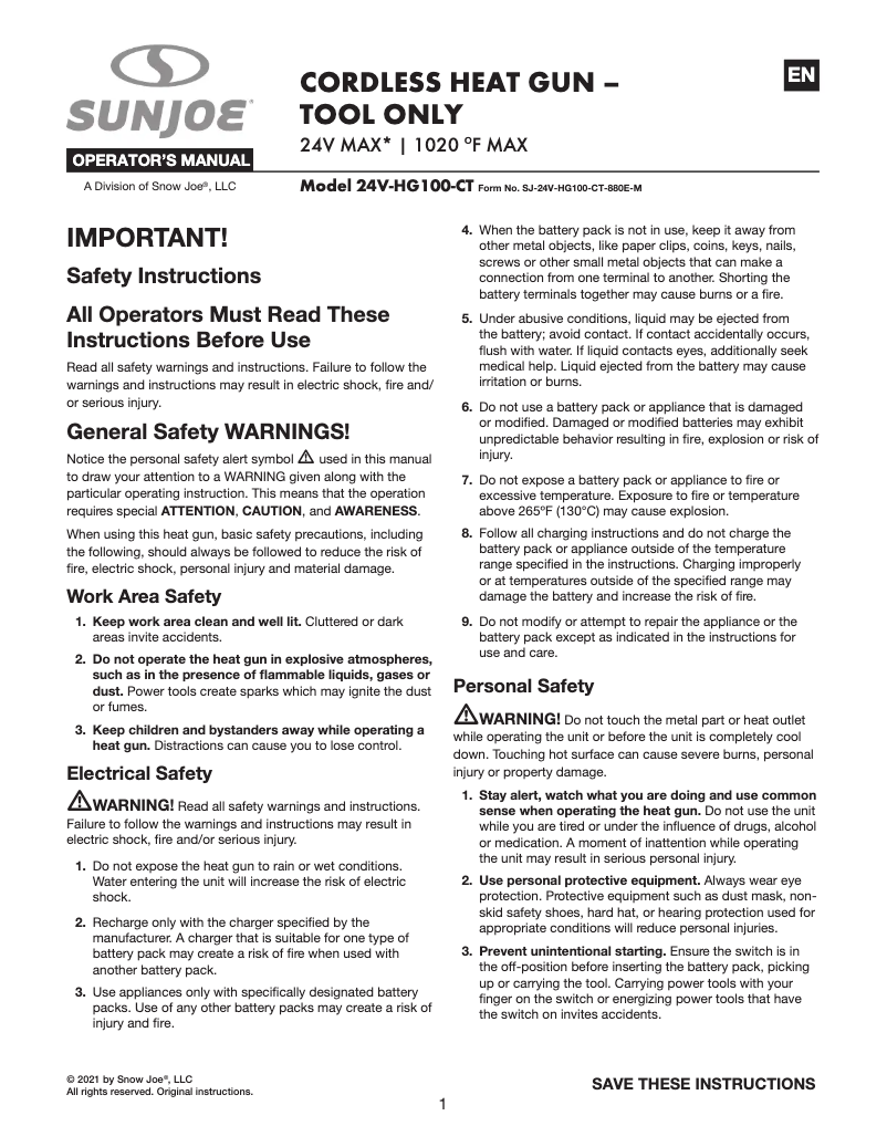 Page 1 of the manual User Manual Sun Joe 24V-HG100-CT