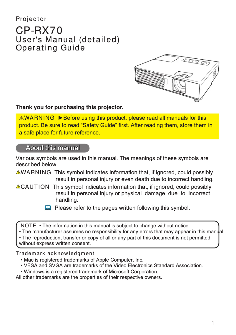 Page 1 de la notice Manuel utilisateur Hitachi CP-RX70