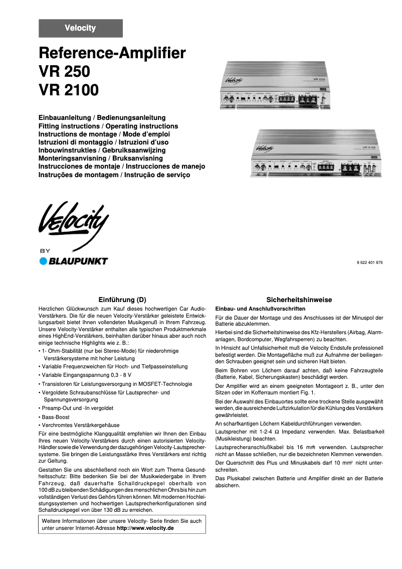 Page 1 de la notice Manuel utilisateur Blaupunkt Velocity VR 2100