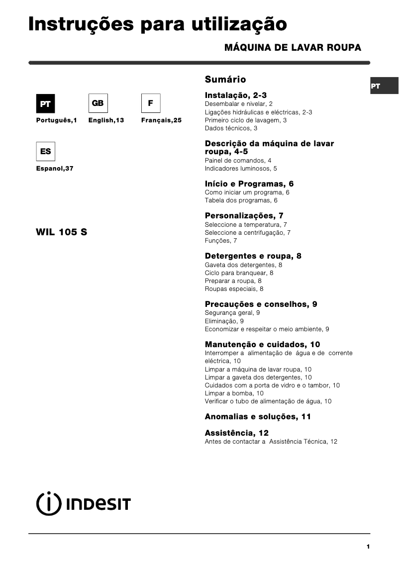 Page n°1 - Manuel utilisateur Indesit WIL 105 S