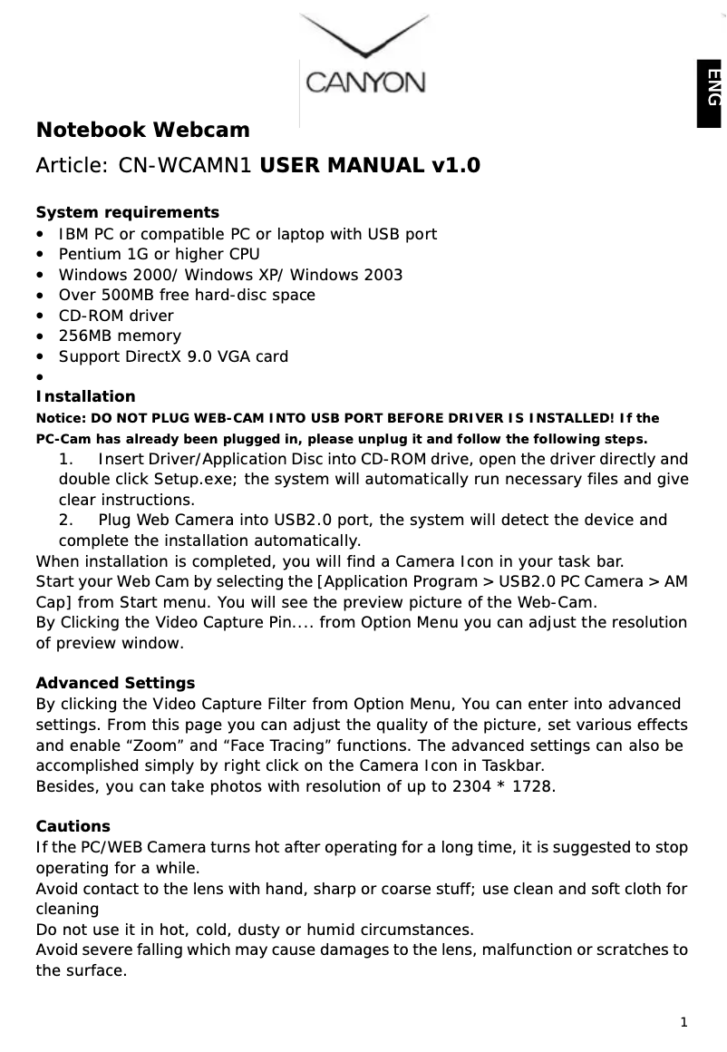Page n°1 - Manuel utilisateur Canyon CNP-WCAMN1