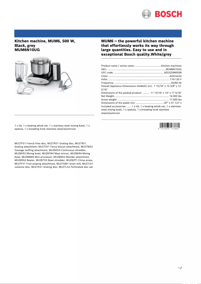 Page 1 de la notice Fiche technique Bosch MUM6N10UG