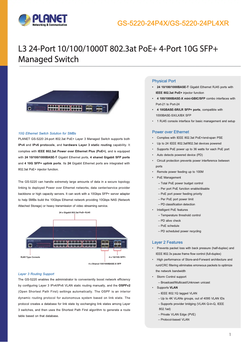 Page n°1 - Fiche technique Planet GS-5220-24PL4XR