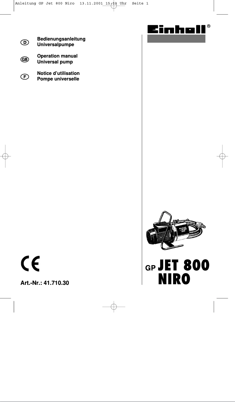 Page n°1 - Manuel utilisateur Einhell GP JET 800 Niro