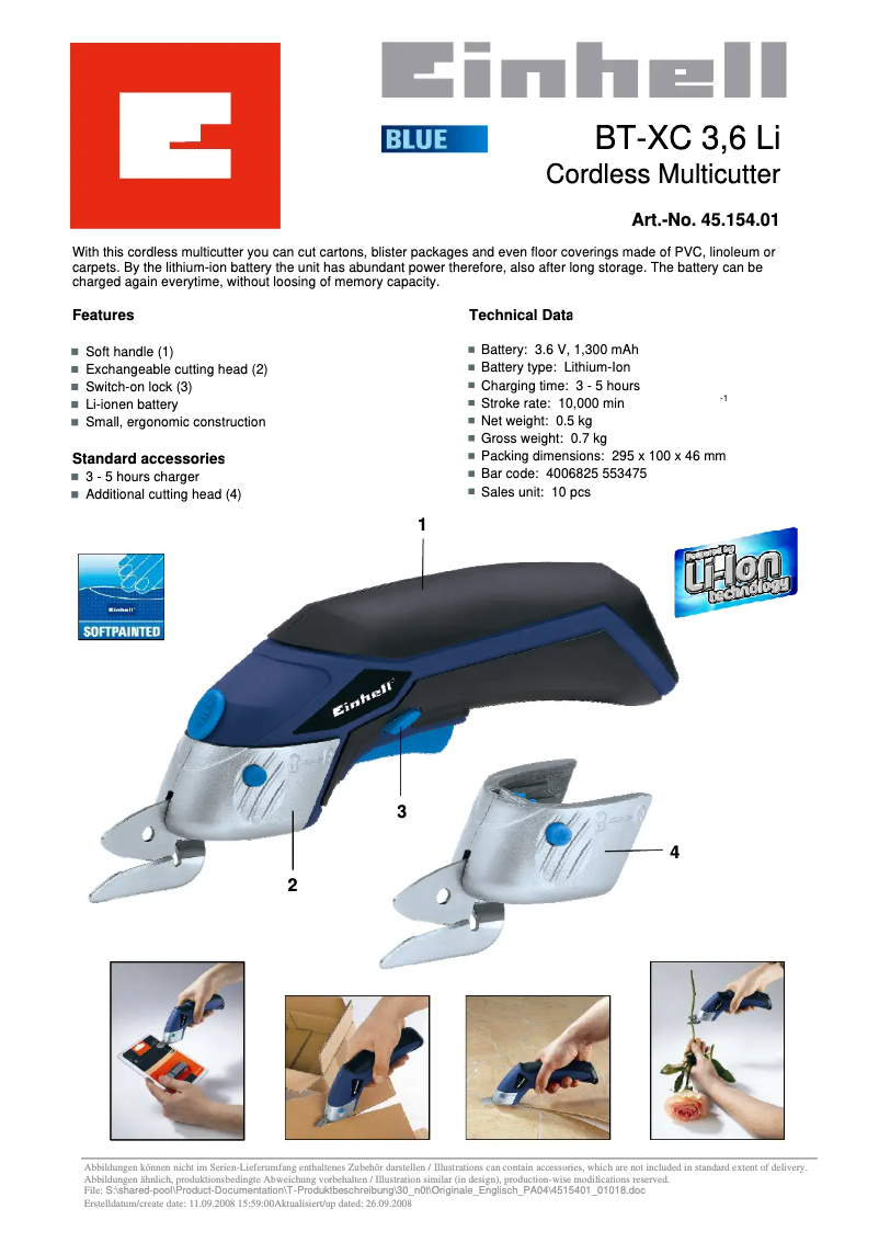 Page 1 de la notice Manuel utilisateur Einhell BT-XC 3,6 Li