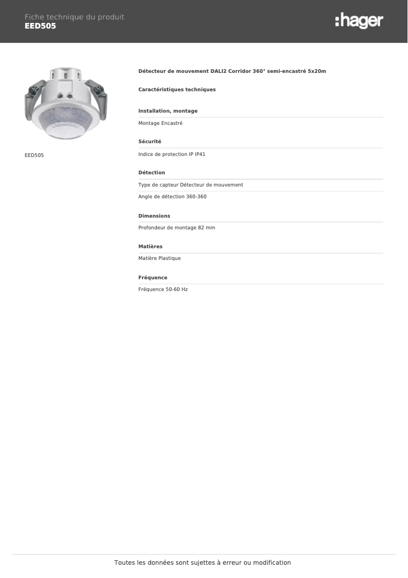 Page 1 de la notice Fiche technique Hager EED505