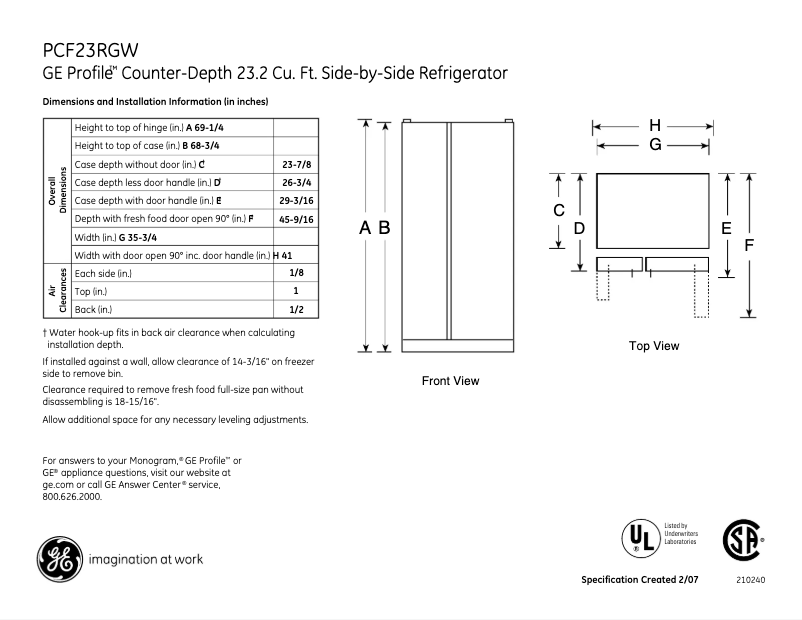 Página 1 del manual Ficha técnica GE Profile PCF23RGWWW