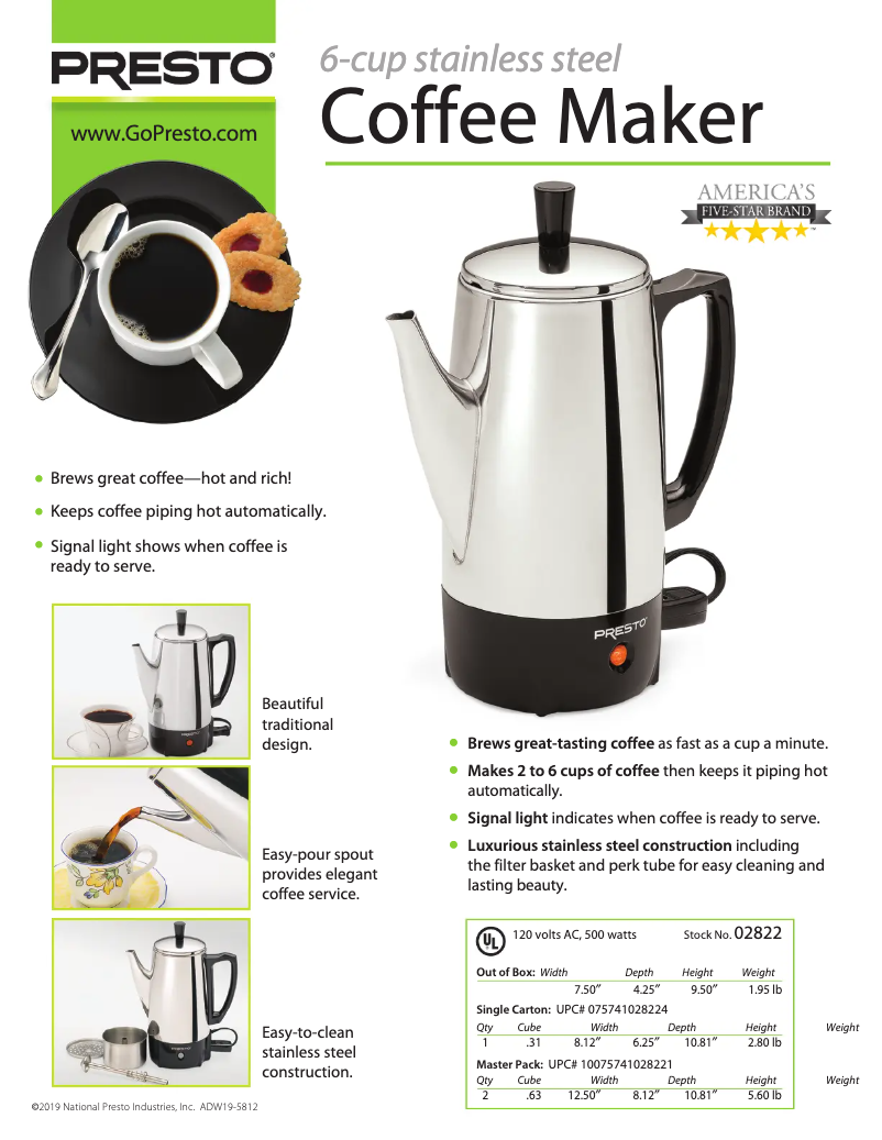 Page 1 de la notice Fiche technique Presto 6-Cup Stainless Steel