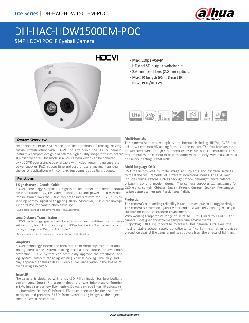 Page 1 of the manual Technical Sheet Dahua Technology HAC-HDW1500EM-POC