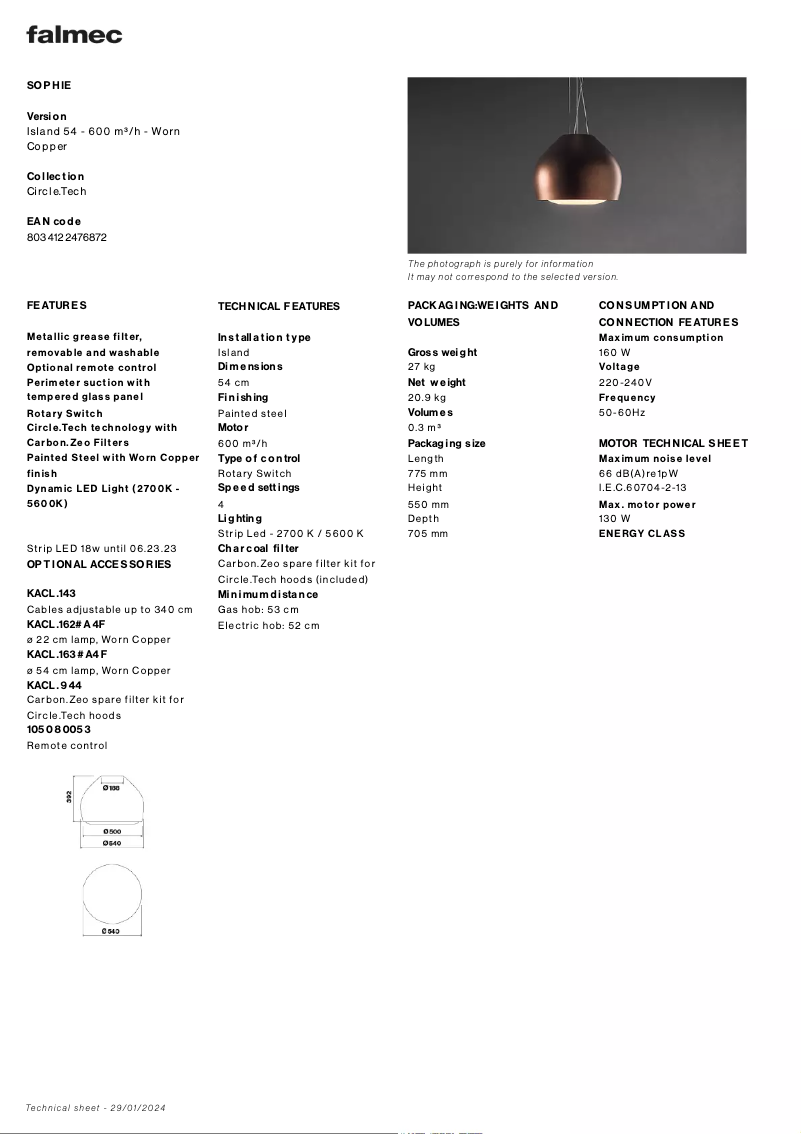 Page n°1 - Fiche technique Falmec Sophie