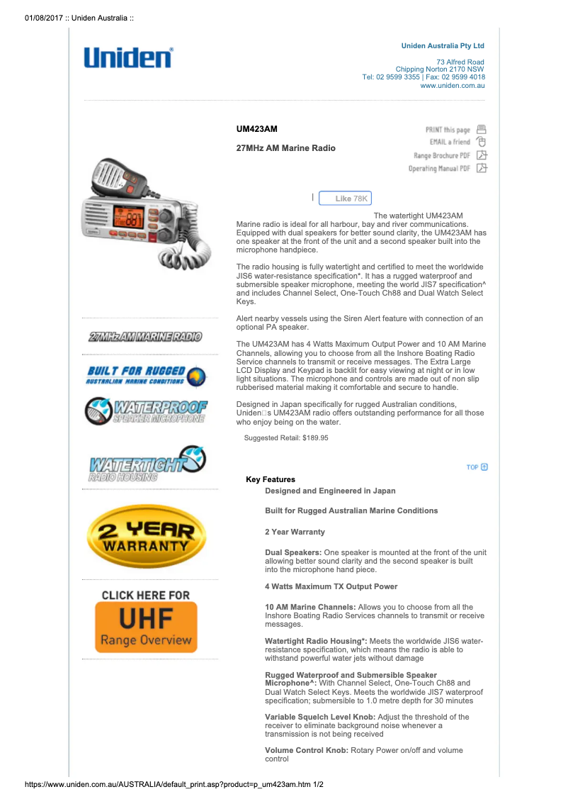 Page 1 de la notice Manuel utilisateur Uniden UM423AM