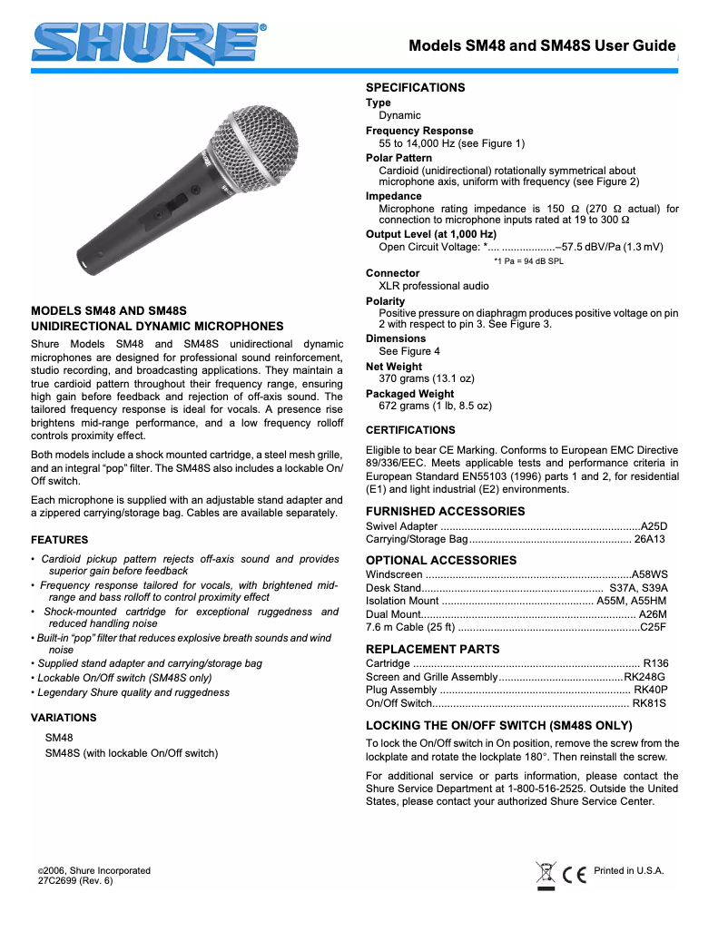 Page 1 de la notice Manuel utilisateur Shure SM48S