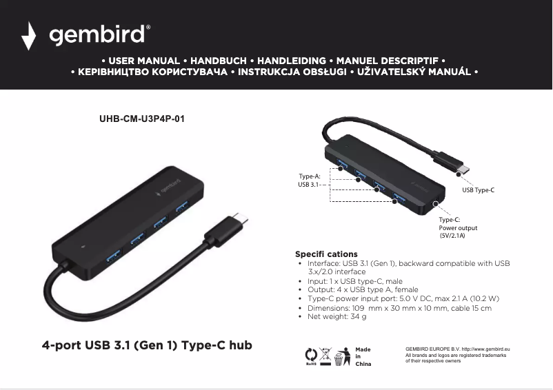 Page n°1 - Manuel utilisateur Gembird UHB-CM-U3P4P-01