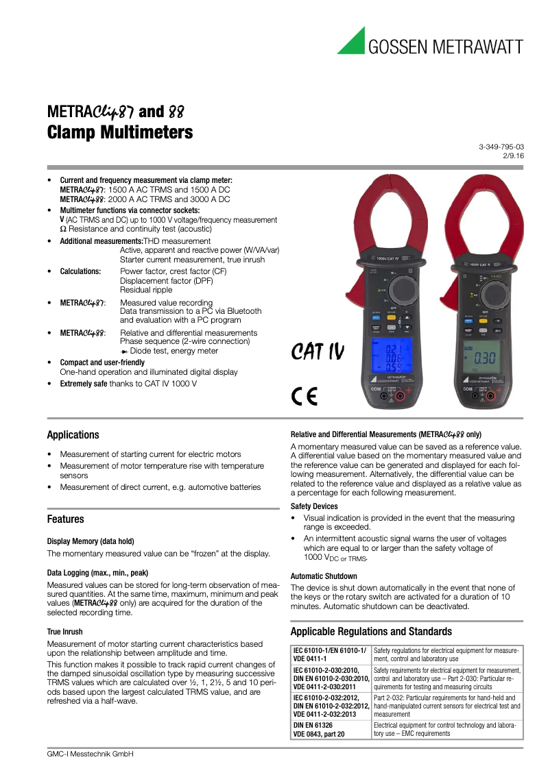 Page 1 de la notice Fiche technique Gossen Metrawatt METRACLIP 87