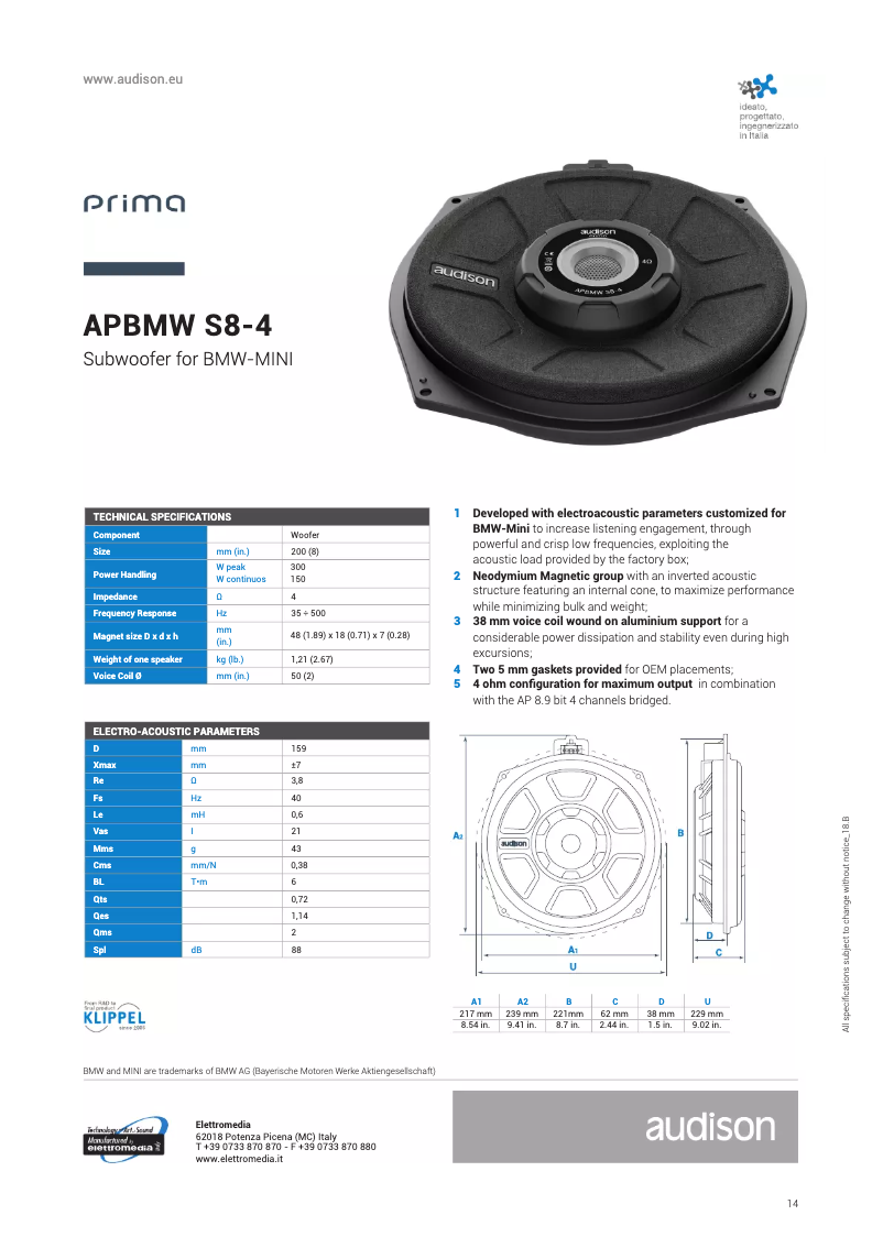 Page 1 de la notice Fiche technique Audison APBMW S8-4