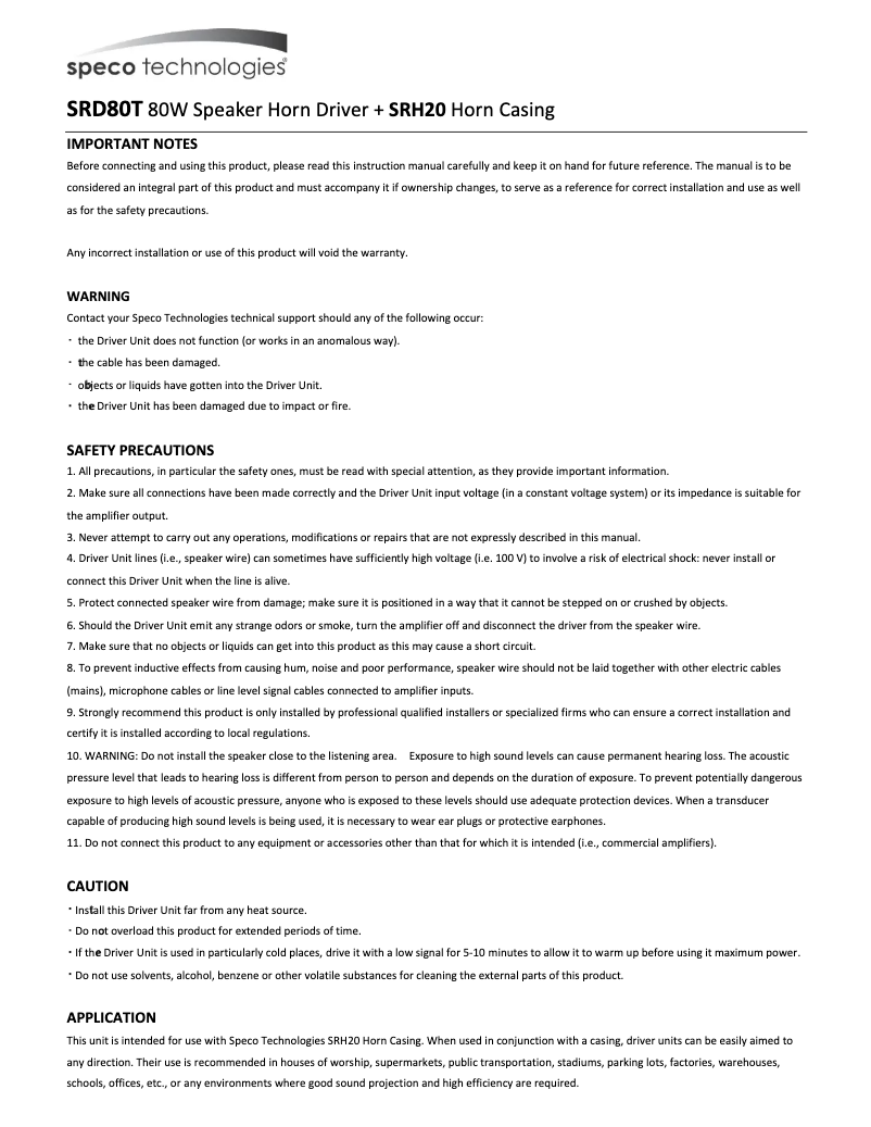 Page n°1 - Manuel utilisateur Speco Technologies SRD80T