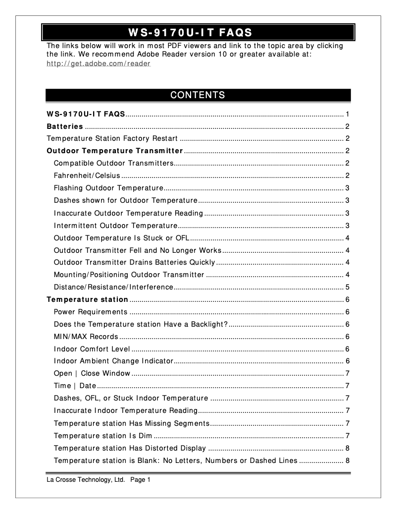 Page n°1 - FAQ La Crosse Technology WS-9170U-IT