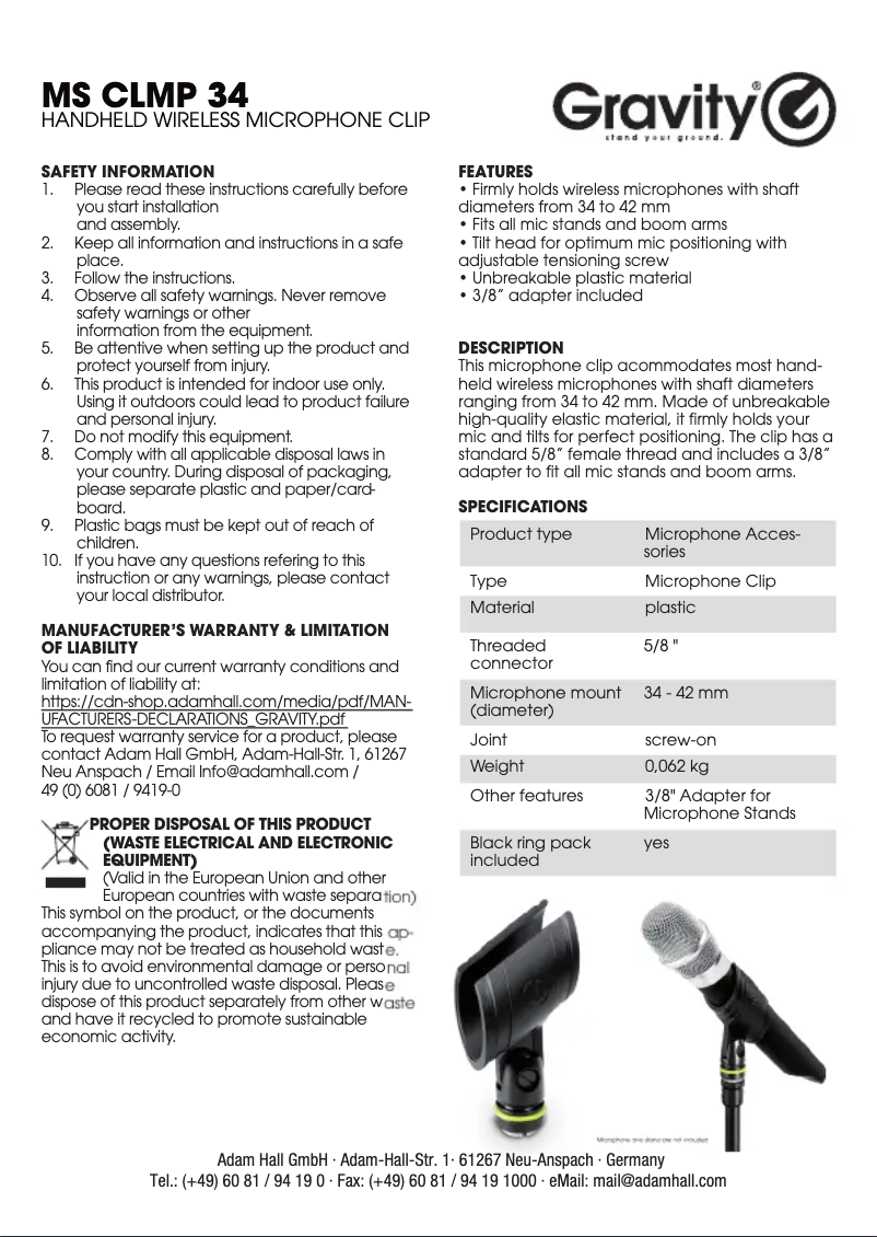 Page 1 de la notice Manuel utilisateur Gravity MS CLMP 34