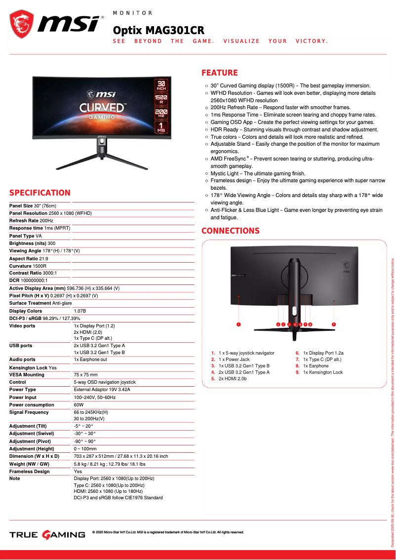 Page 1 de la notice Fiche technique MSI Optix MAG301CR