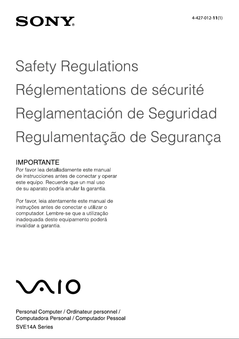 Página 1 del manual Instrucciones de seguridad Sony Vaio SVE14A1HFXB